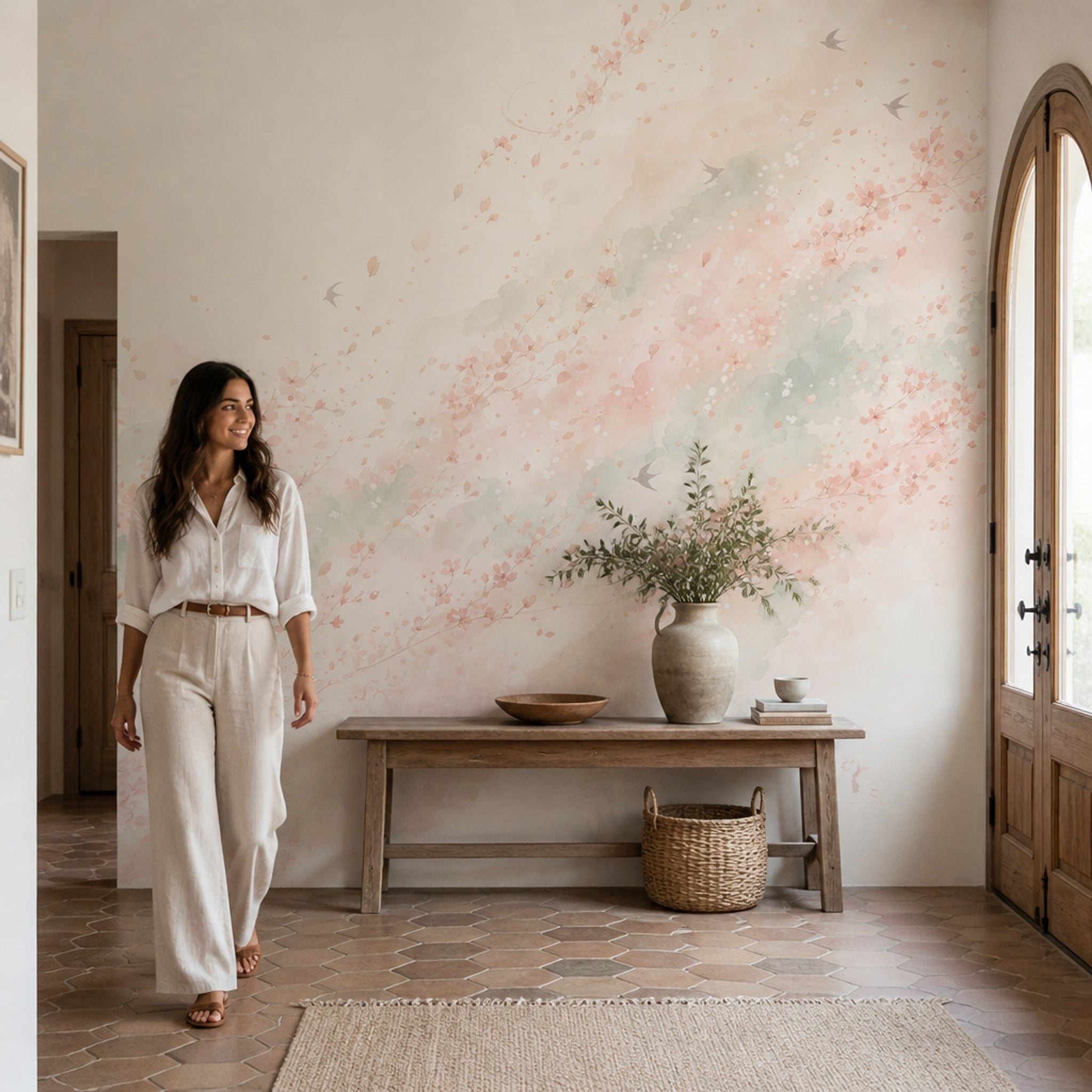 Cherry Blossoms Wallpaper Watercolor East Asian Inspired Removable Wall Decor