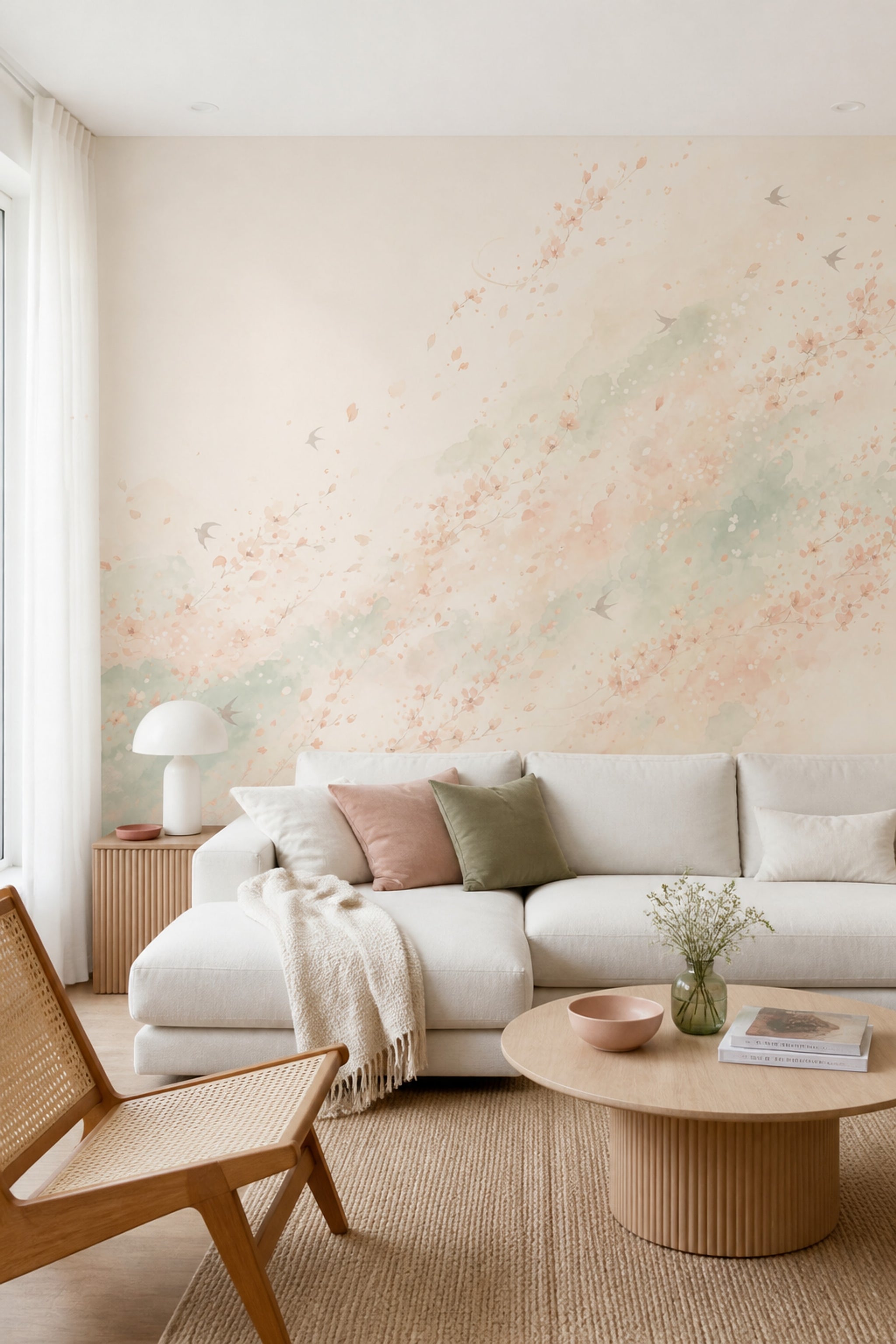 Cherry Blossoms Wallpaper Watercolor East Asian Inspired Removable Wall Decor