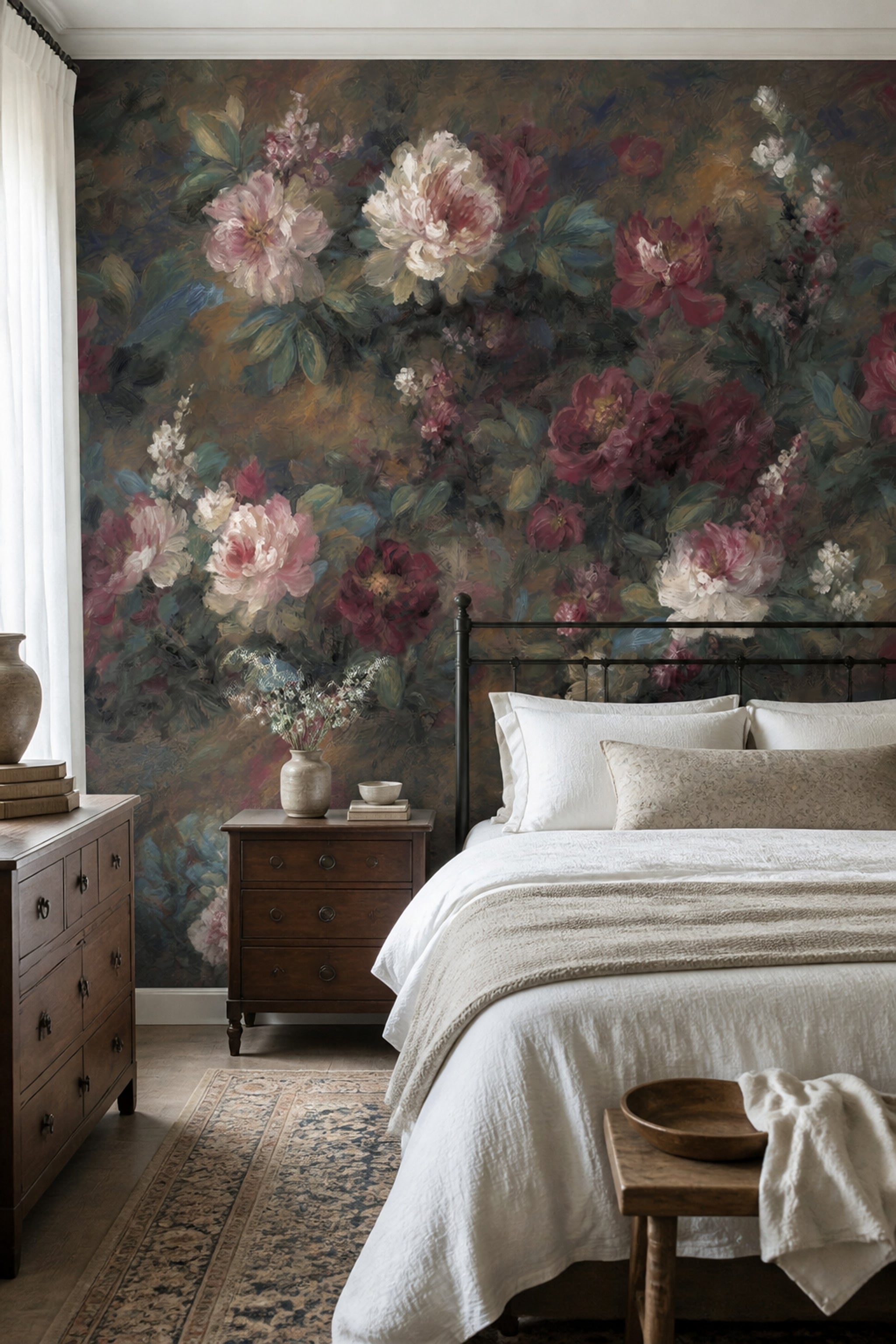 Dark Floral Wallpaper Muted Green Removable Wall Decor
