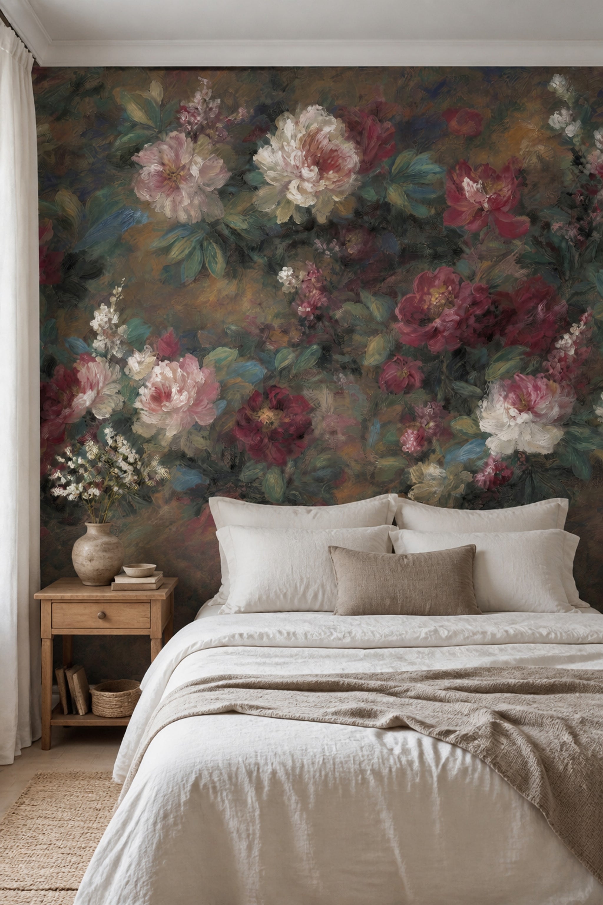 Dark Floral Wallpaper Muted Green Removable Wall Decor