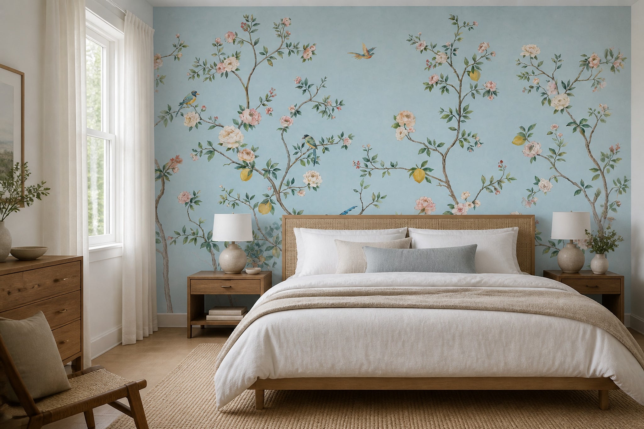 Chinoiserie Wallpaper Light Blue Removable Lemon Tree Wall Decor
