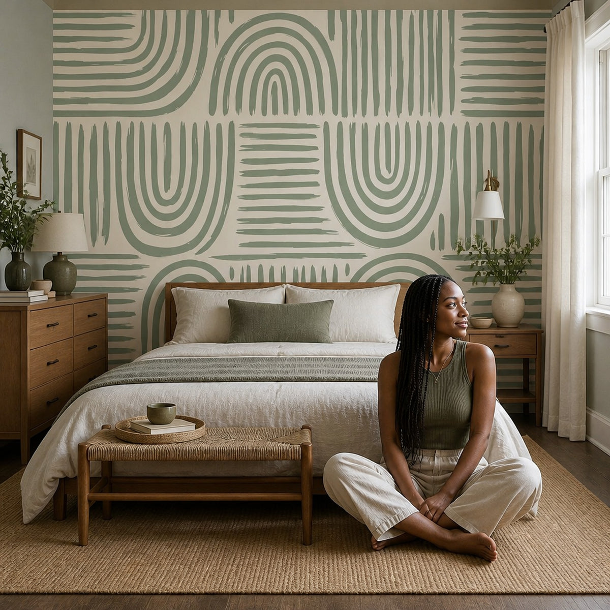 Sage Green Wallpaper Abstract Geometric Removable Painted Stripes Wall Decor