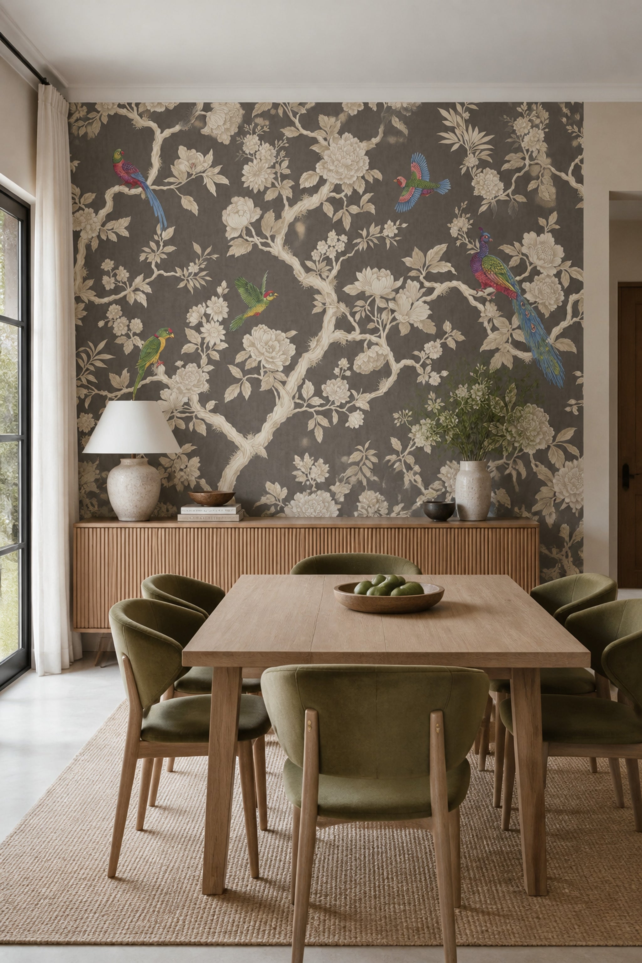 Chinoiserie Wallpaper Dark Gray Removable Exotic Birds Wall Decor