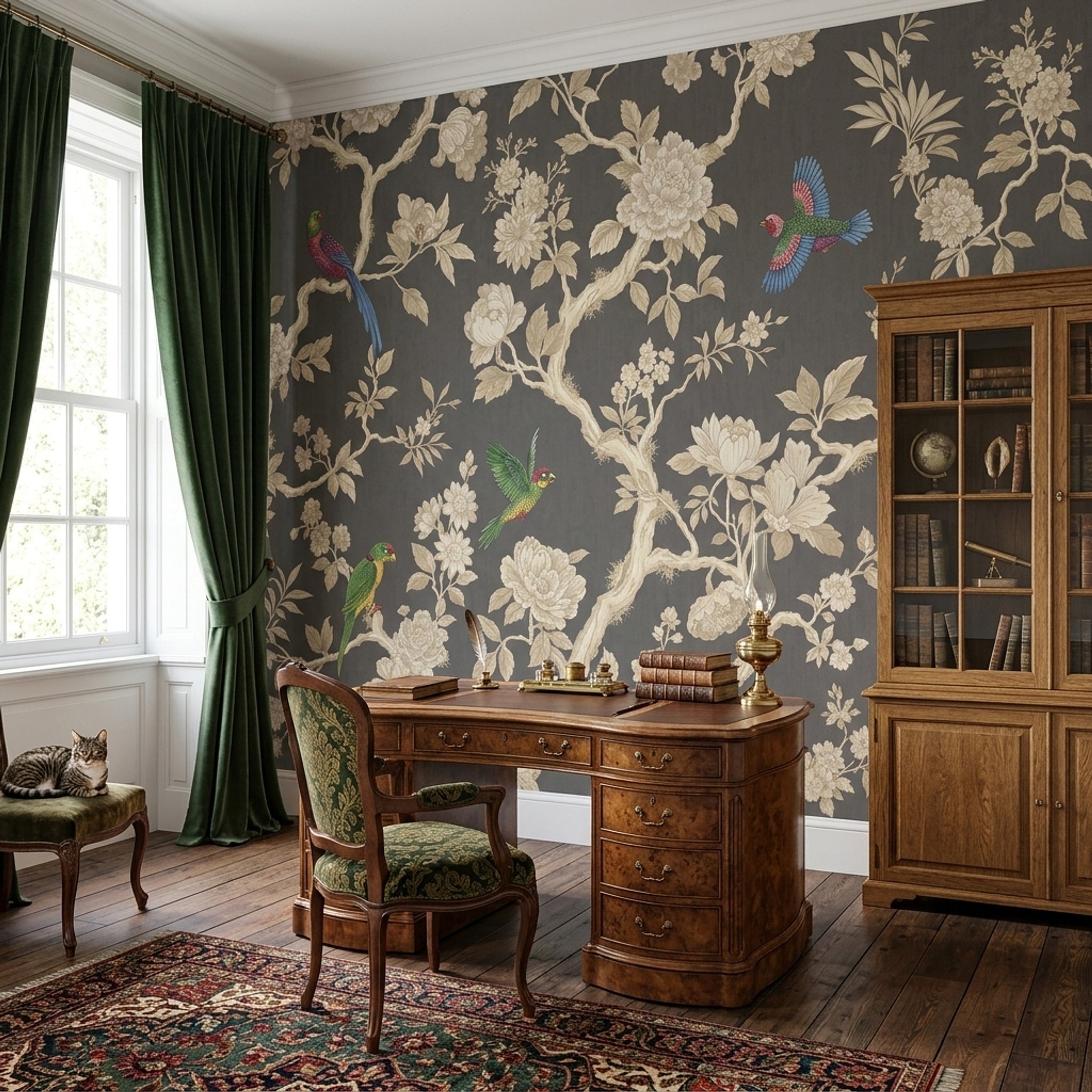 Chinoiserie Wallpaper Dark Gray Removable Exotic Birds Wall Decor