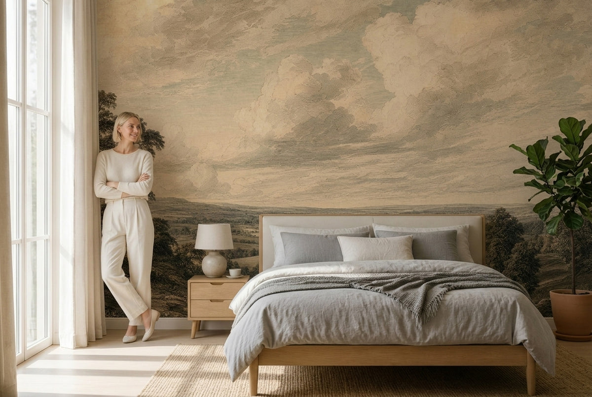 Vintage Landscape Wallpaper Pastoral Countryside Engraved Wall Mural