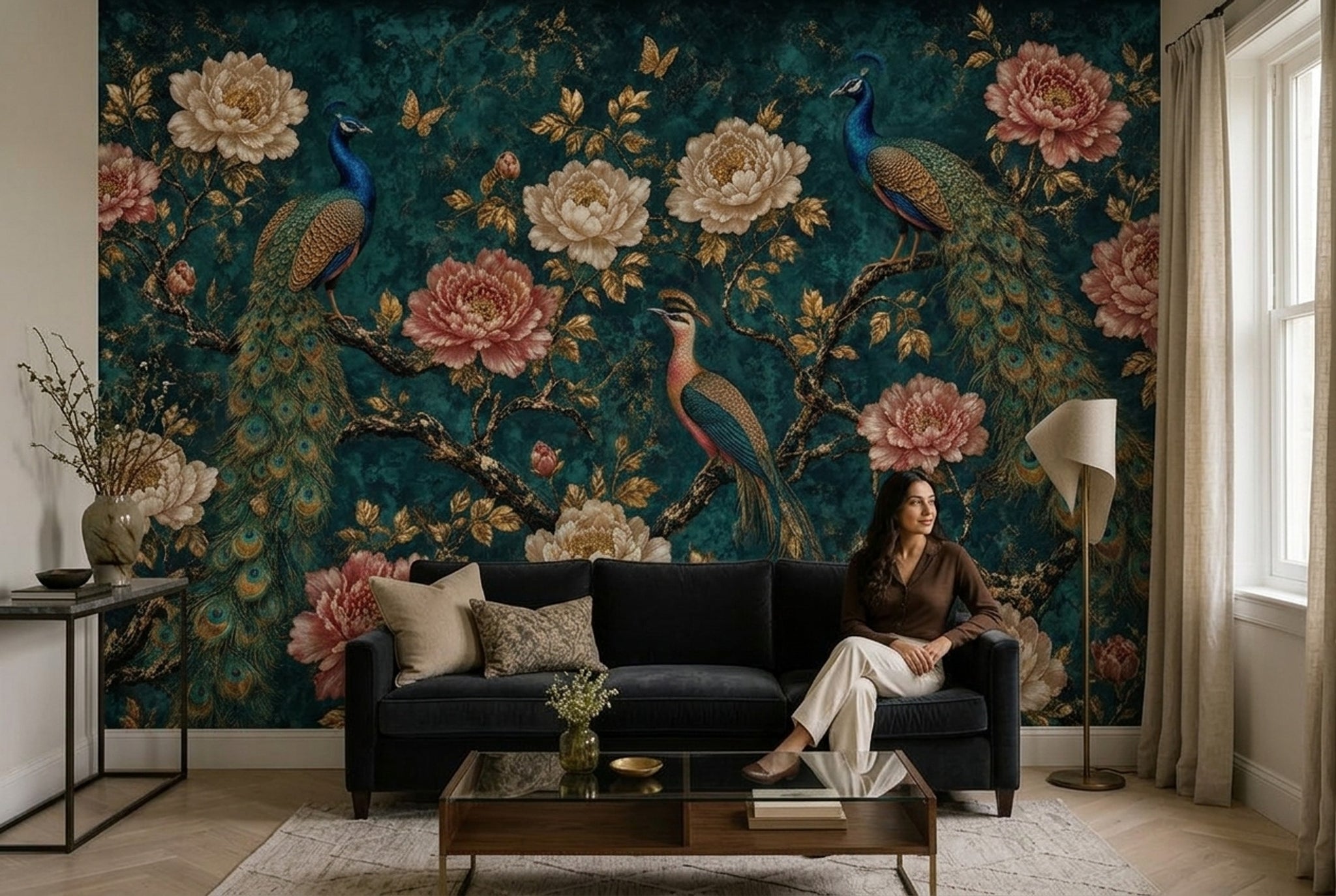 Peacock Wallpaper Dark Teal Background Chinoiserie Removable Wall Decor