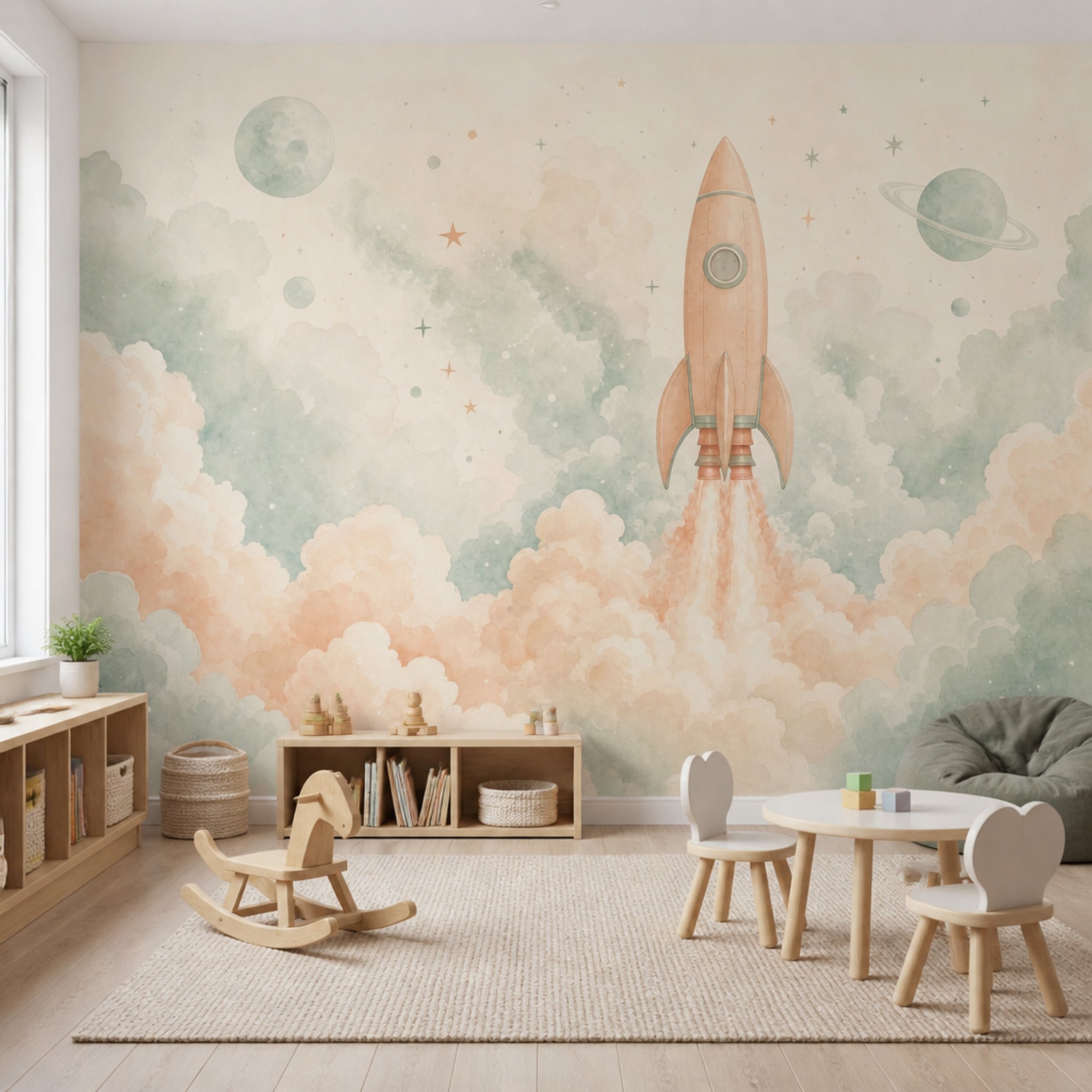 Space Wallpaper Rocket Watercolor Wall Mural