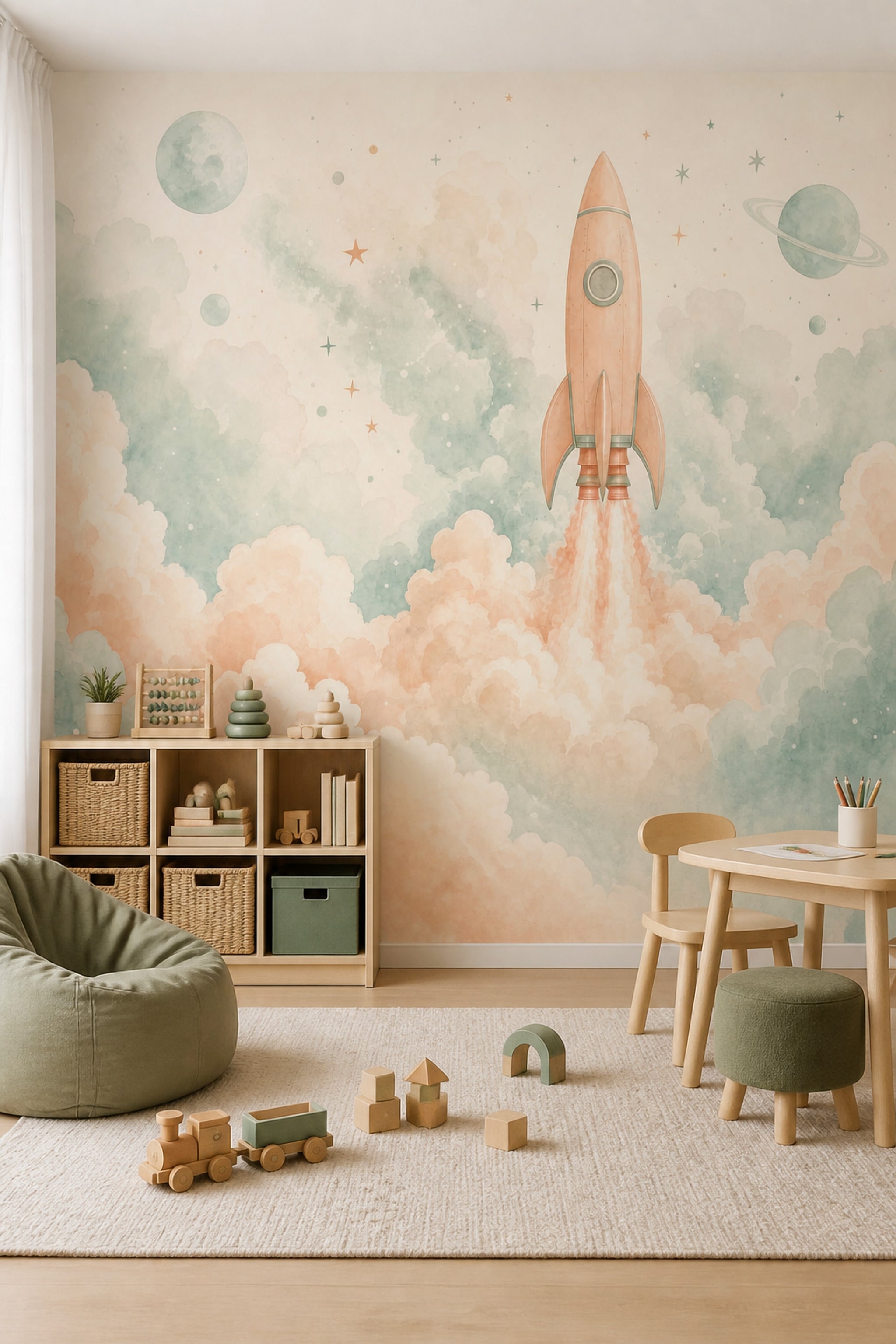 Space Wallpaper Rocket Watercolor Wall Mural