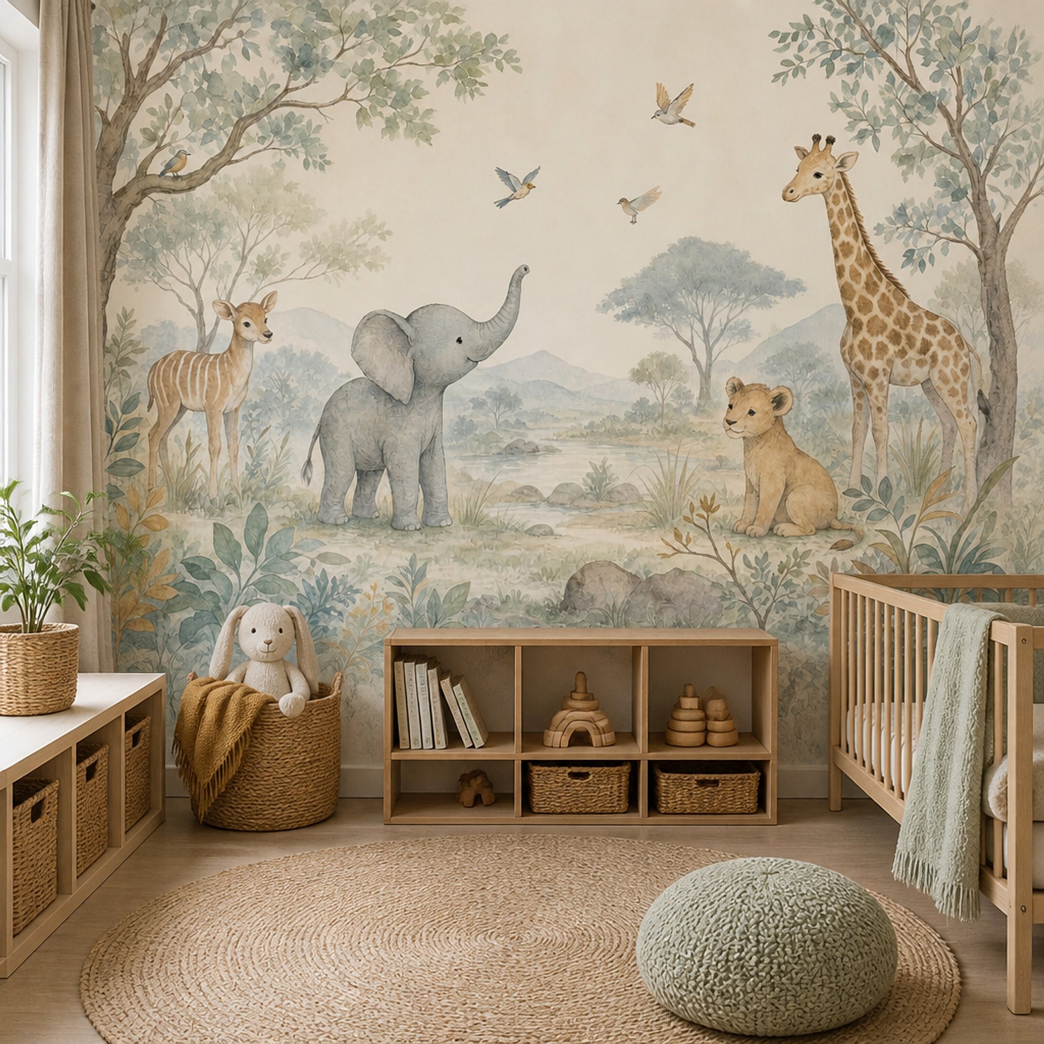 Watercolor Safari Wallpaper Nursery Animals Removable Giraffe Wall Decor