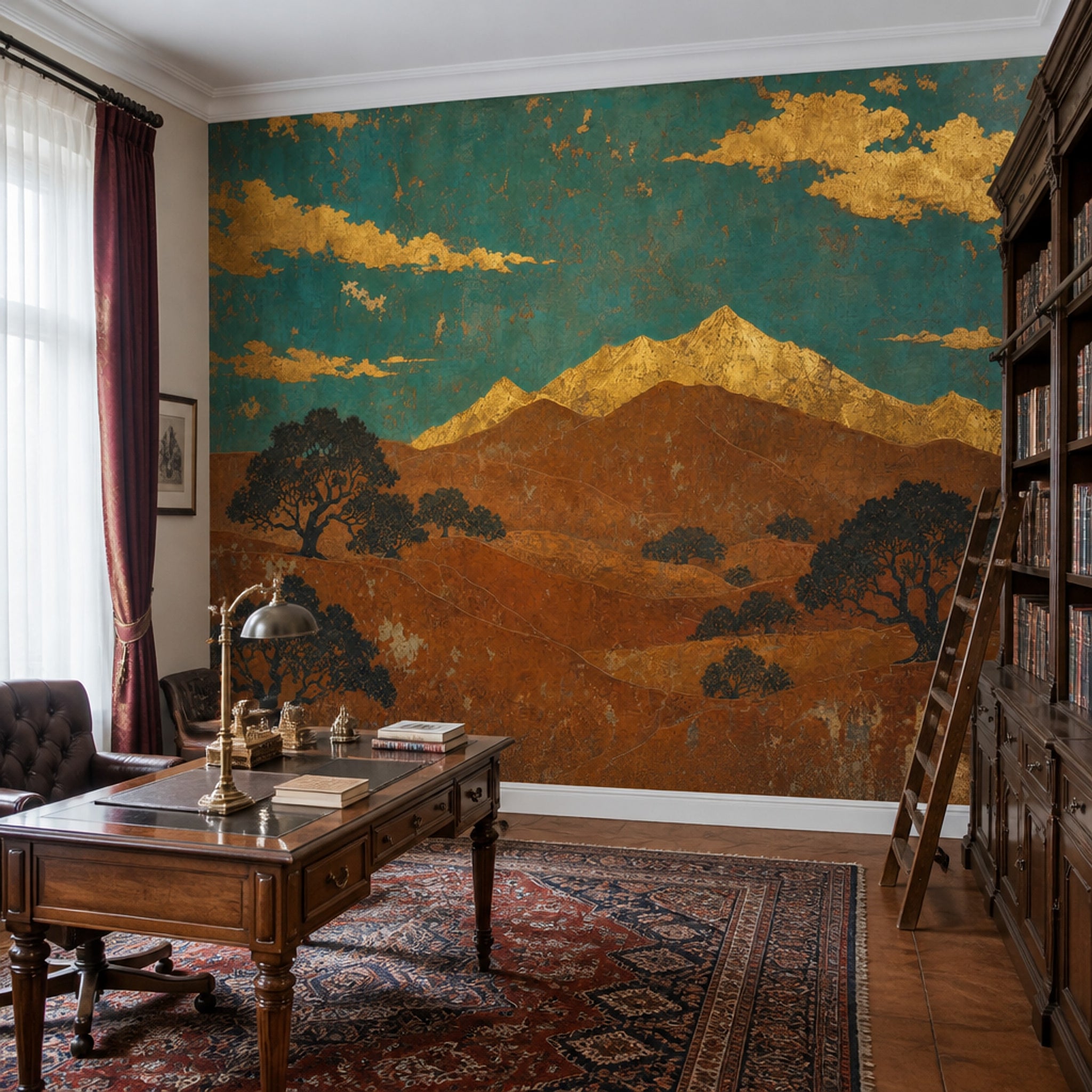 Vintage Mural Wallpaper Gold Leaf Teal Sky Wall Mural