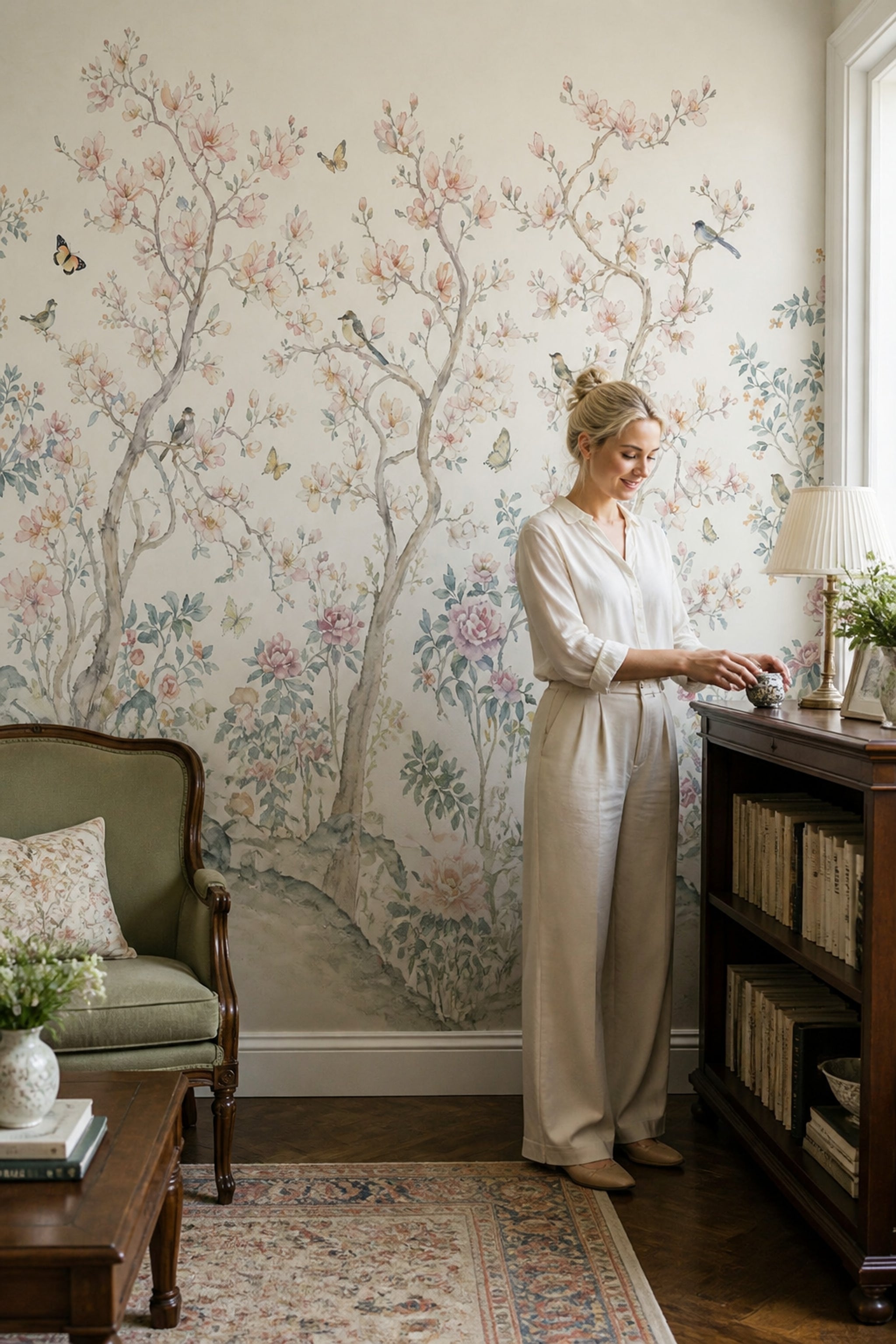 Chinoiserie Wallpaper Watercolor Blossom Trees Removable Wall Decor