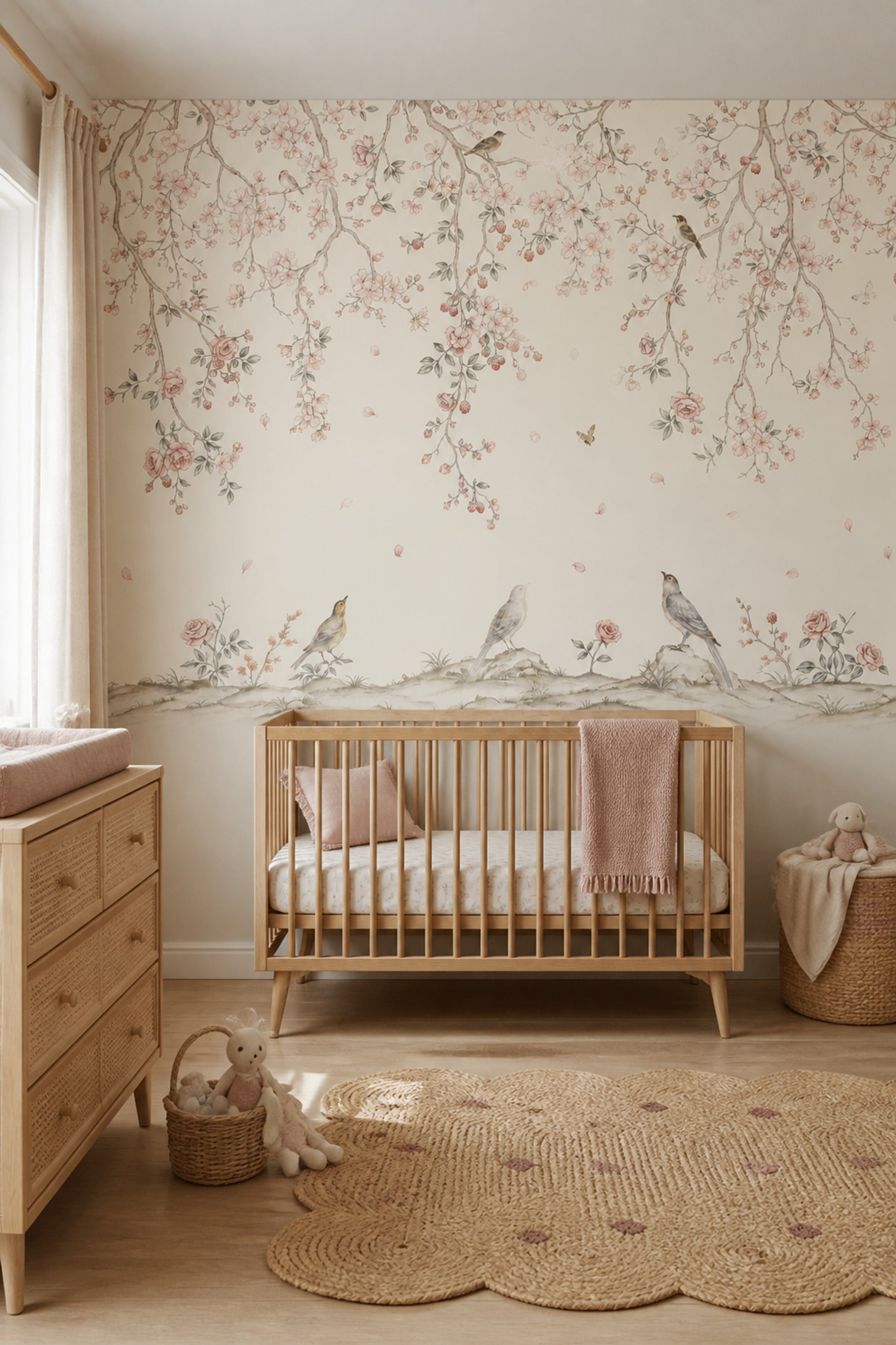 Pink Cherry Wallpaper Blossom Bird Wall Mural