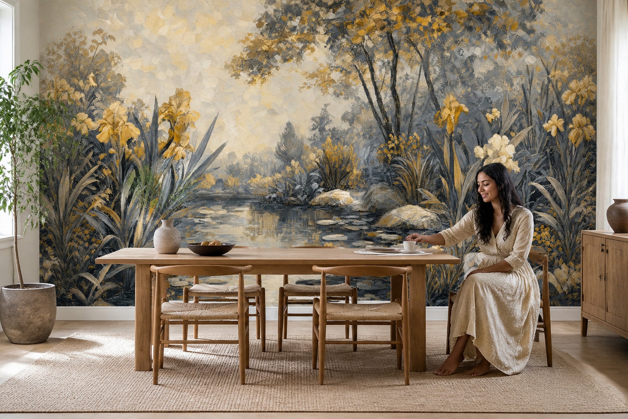 Floral Pond Wallpaper Garden Landscape Impressionist Removable Wall Decor