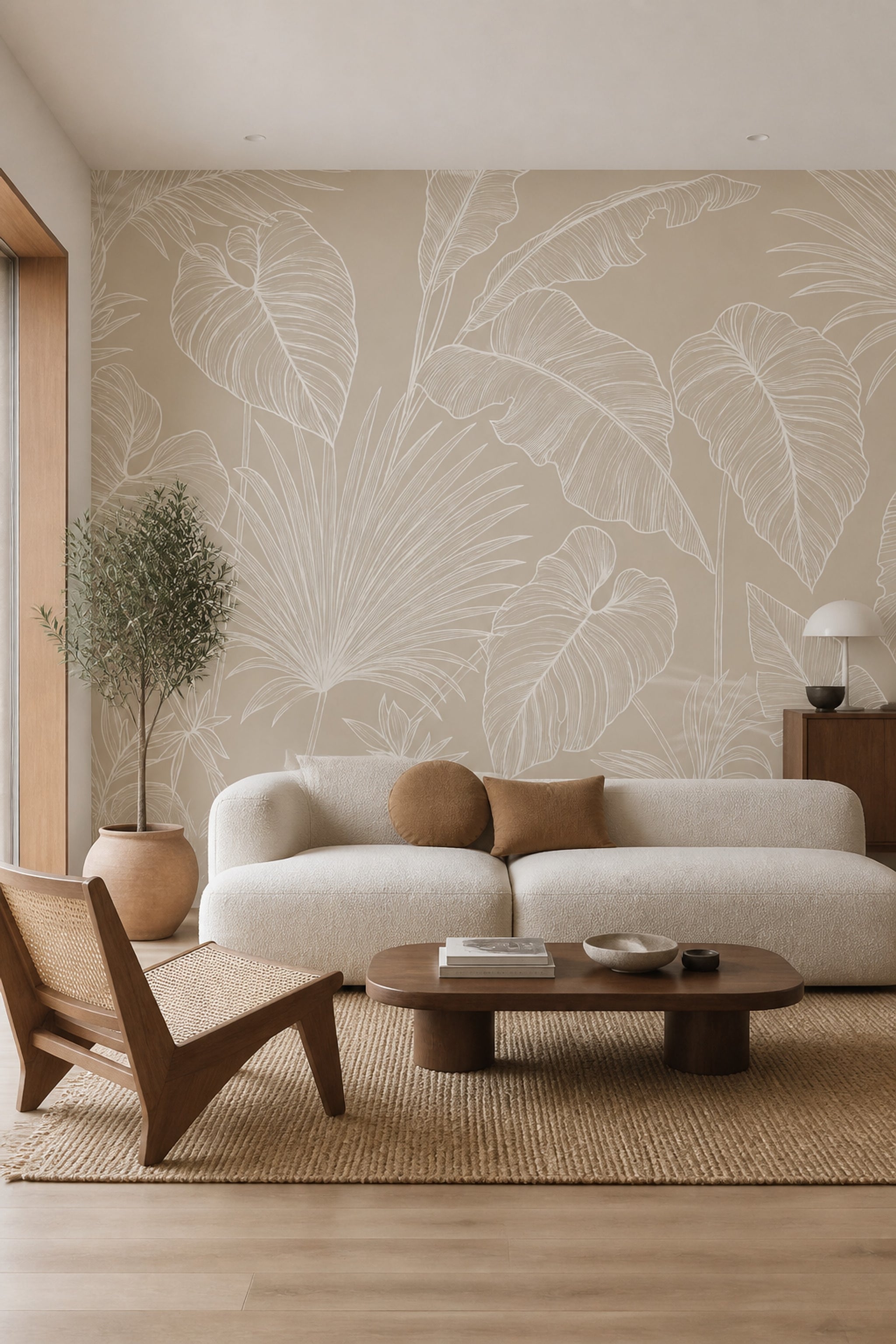 Tropical Leaves Wallpaper Botanical Removable Beige Background Wall Decor