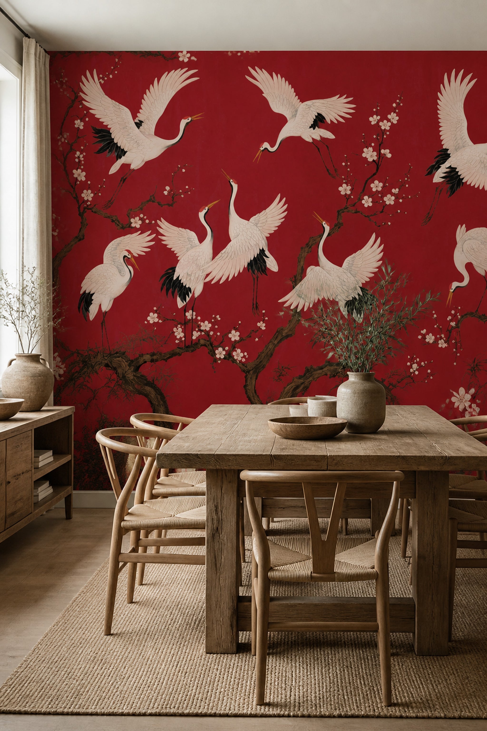 Cranes Wallpaper Cherry Blossoms Red Background Wall Mural
