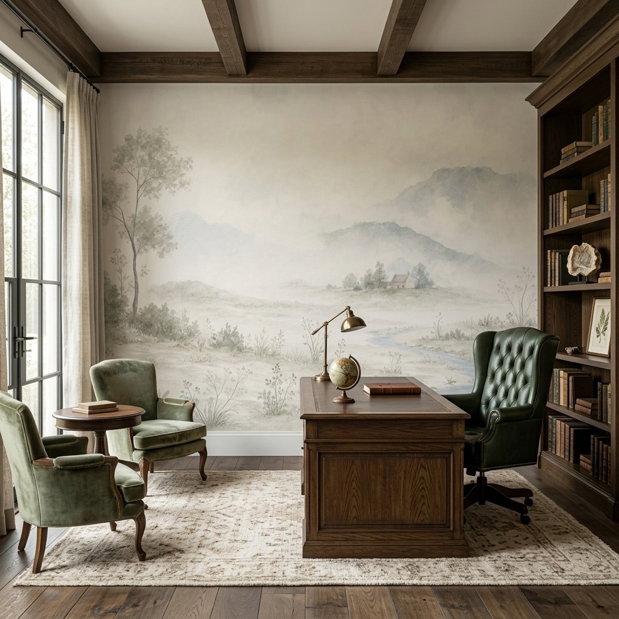Watercolor Landscape Wallpaper Misty Mountains Pastoral Countryside Wall Mural