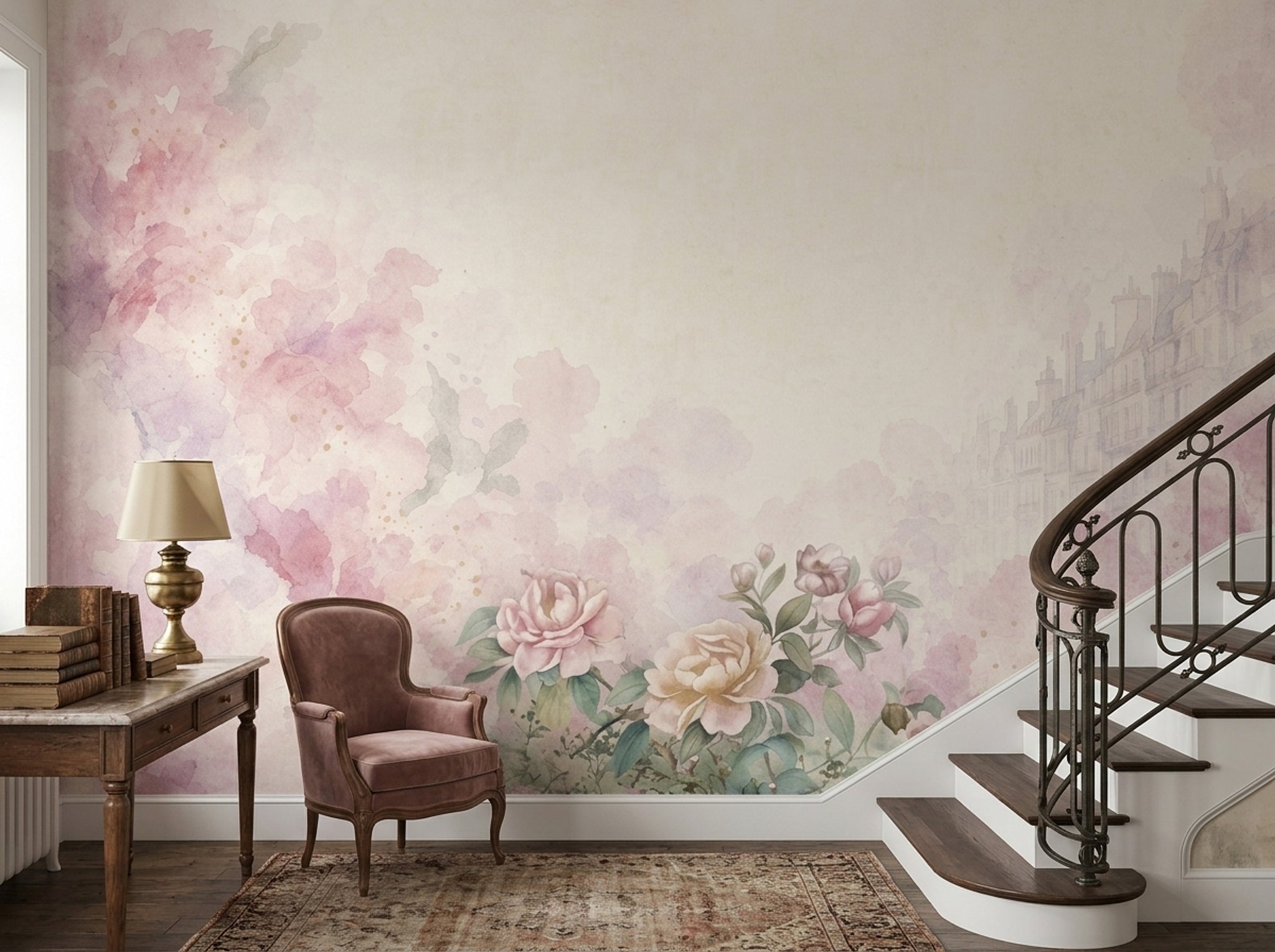 Watercolor Floral Wallpaper Pink Flowers Cream Background Wall Mural