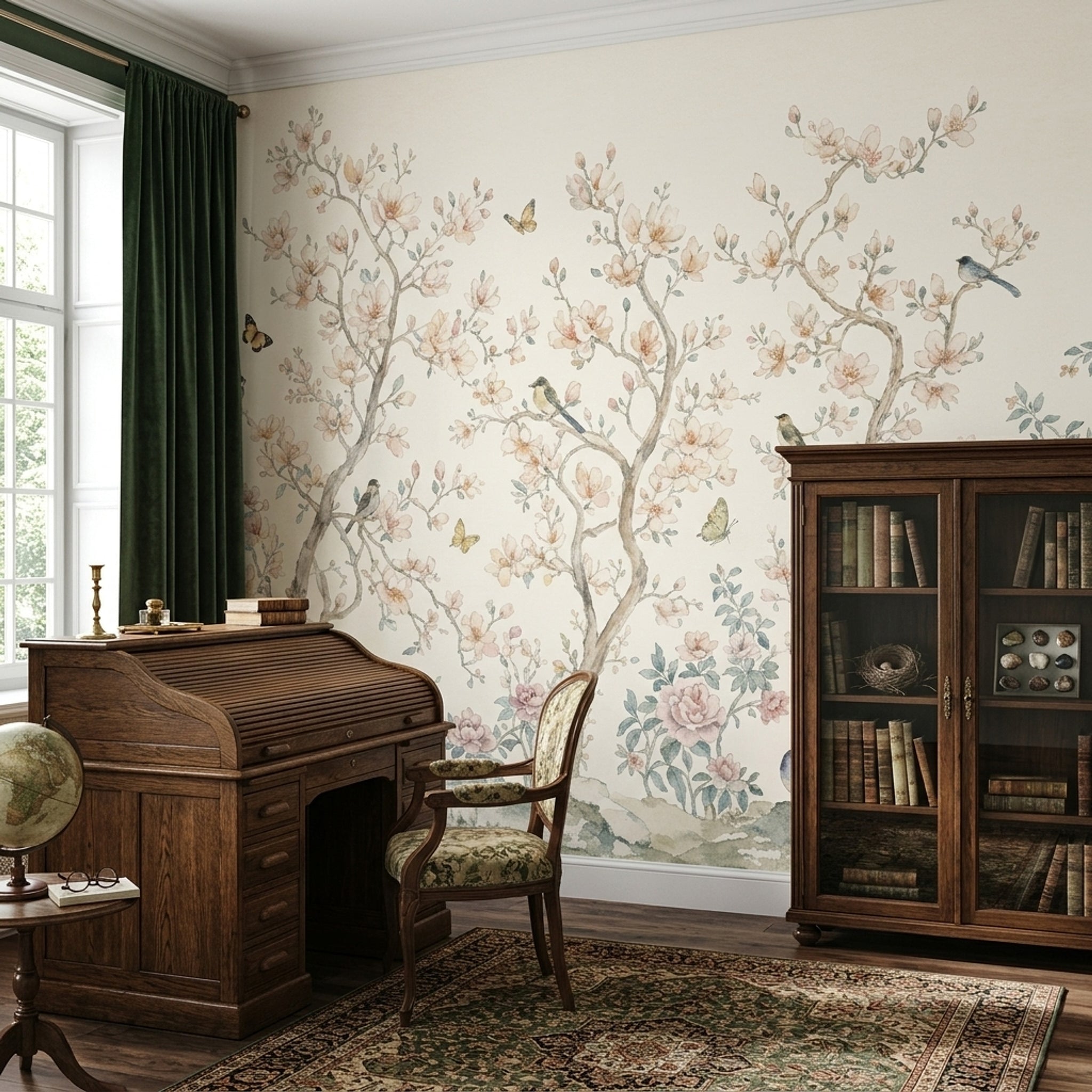 Chinoiserie Wallpaper Watercolor Blossom Trees Removable Wall Decor