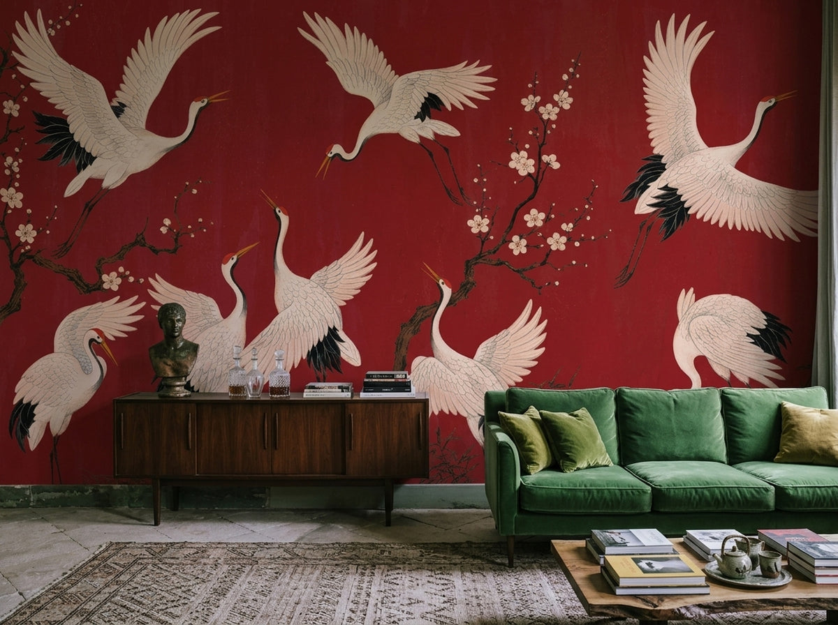 Cranes Wallpaper Cherry Blossoms Red Background Wall Mural
