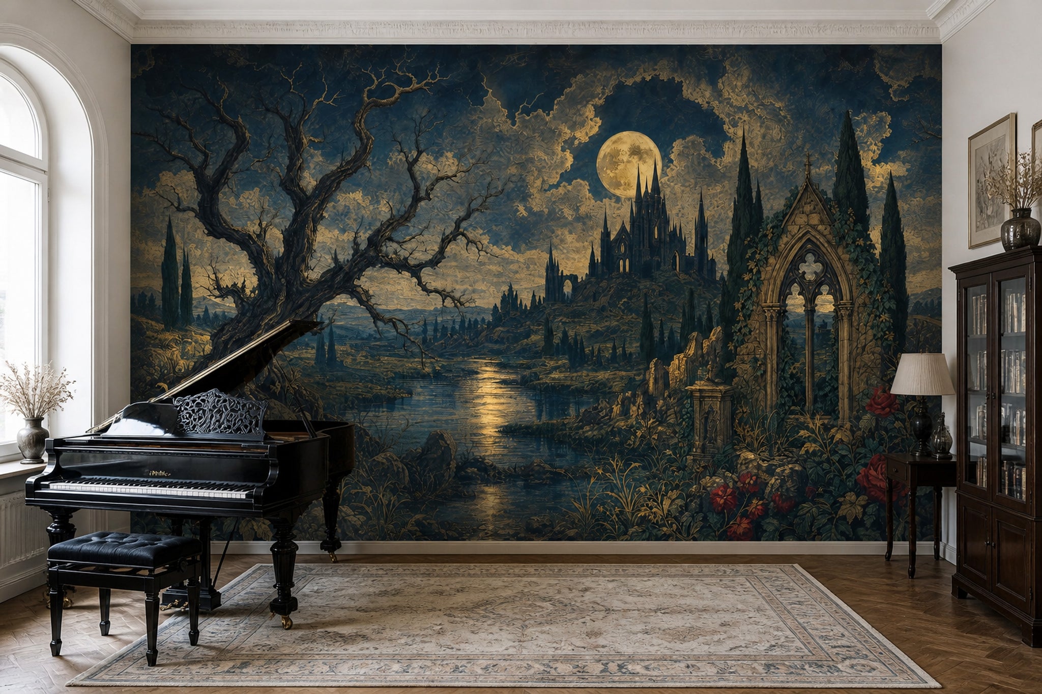 Dark Gothic Landscape Wallpaper Moonlit Castle Twisted Tree Wall Mural