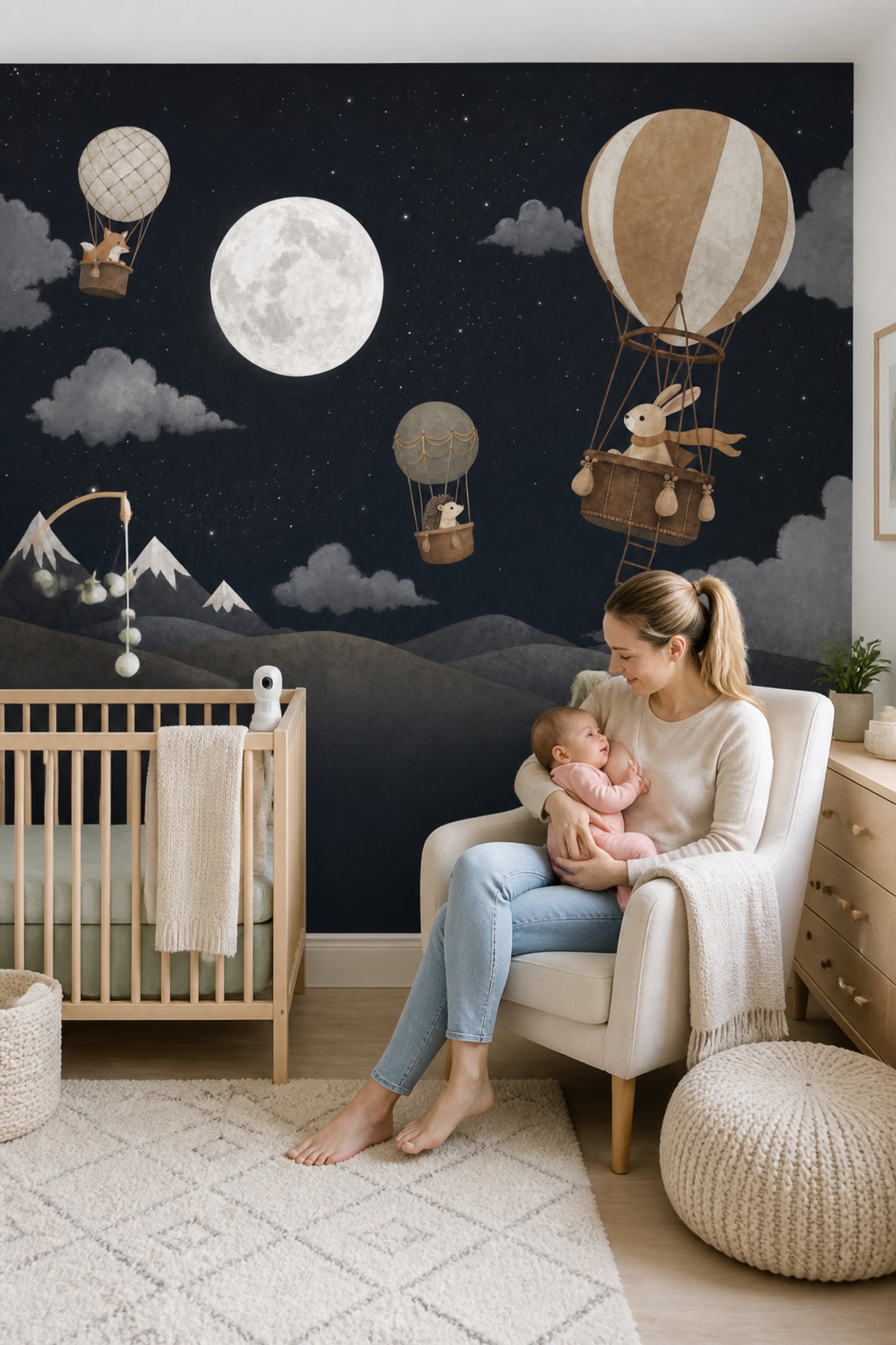 Night Sky Wallpaper Hot Air Balloons Full Moon Removable Wall Decor