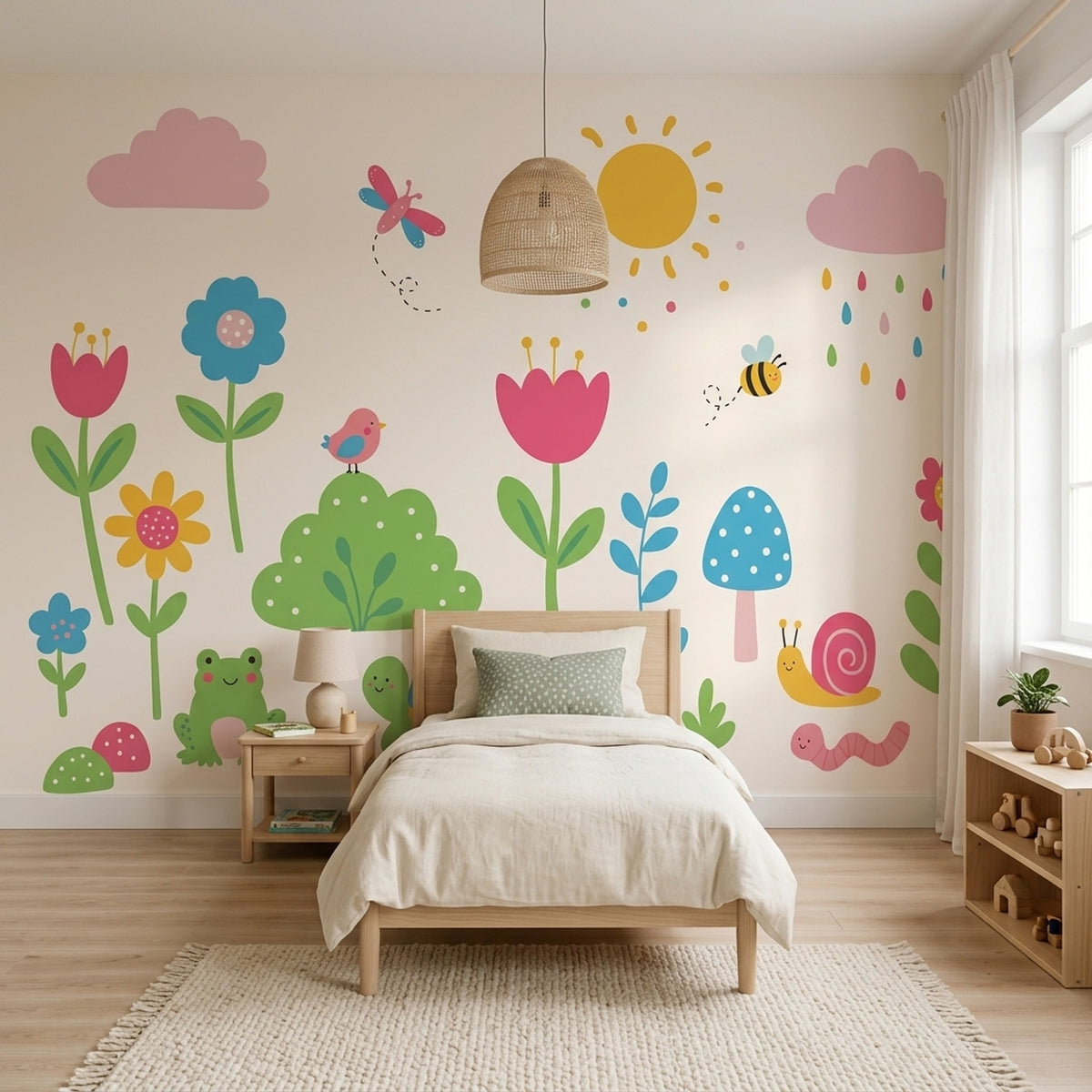 Nursery Wallpaper Children Garden Removable Whimsical Flowers Wall Decor