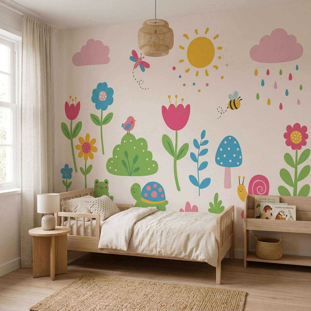 Nursery Wallpaper Children Garden Removable Whimsical Flowers Wall Decor