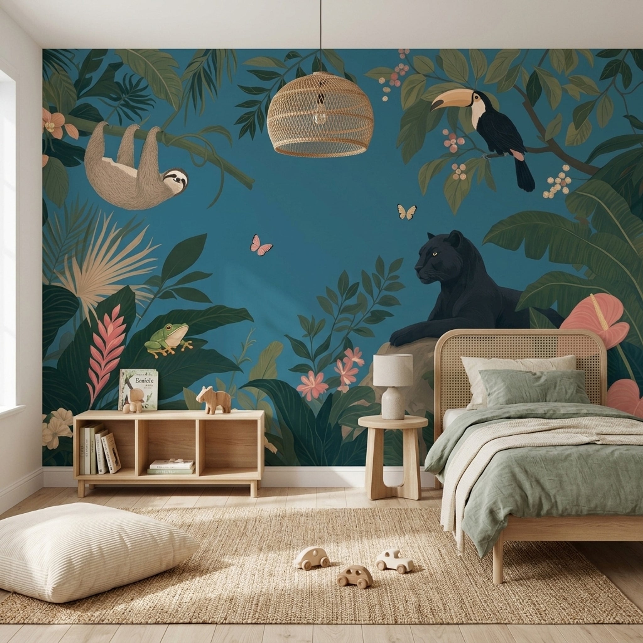 Tropical Jungle Wallpaper Teal Background Removable Botanical Mural Wall Decor