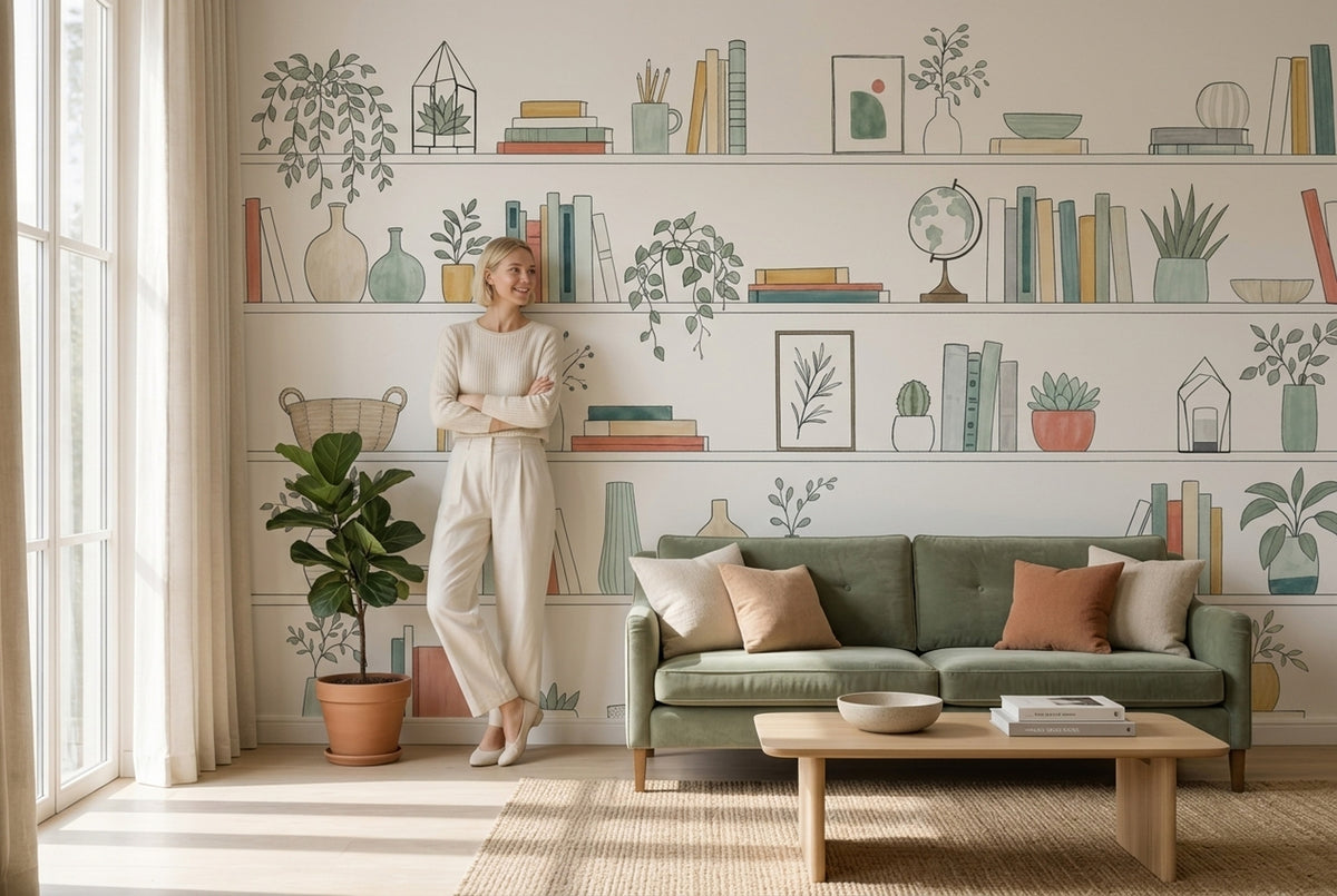 Bookshelf Wallpaper Plants Botanical Removable Wall Decor
