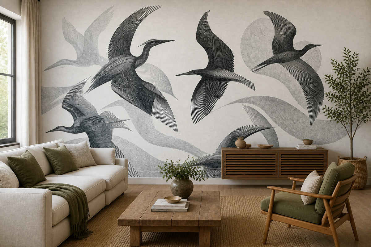 Cranes Wallpaper Birds Line Art Removable Wall Decor