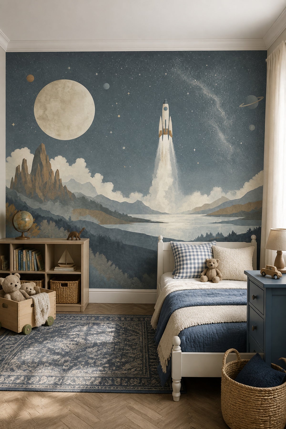 Dark Starry Sky Wallpaper Rocket Moon Removable Wall Decor