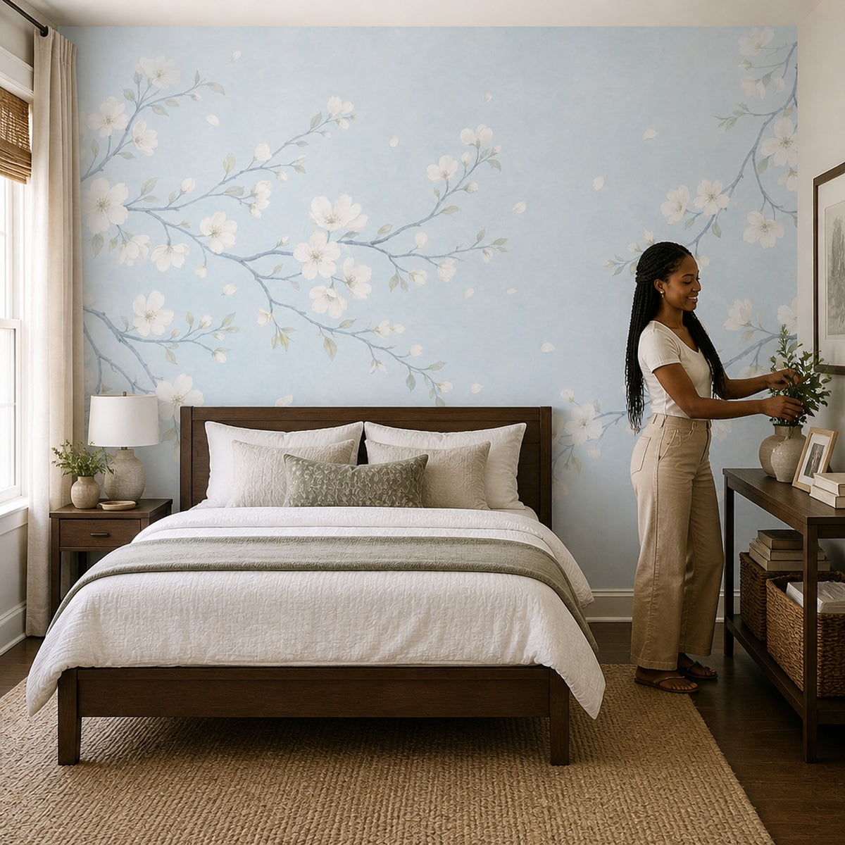 Blossom Branches Wallpaper Watercolor Pale Blue Wall Mural