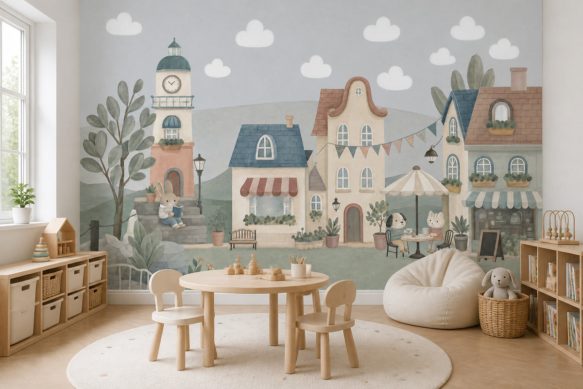 Whimsical Village Wallpaper Storybook Landscape Clock Tower Removable Wall Decor