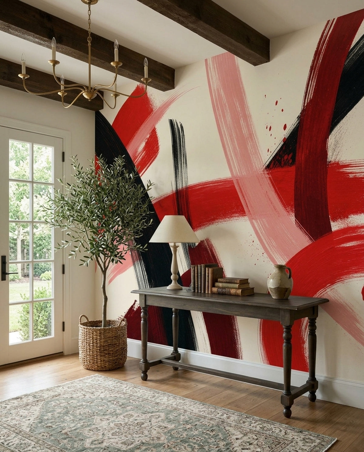Abstract Wallpaper Brushstroke Removable Red Wall Decor