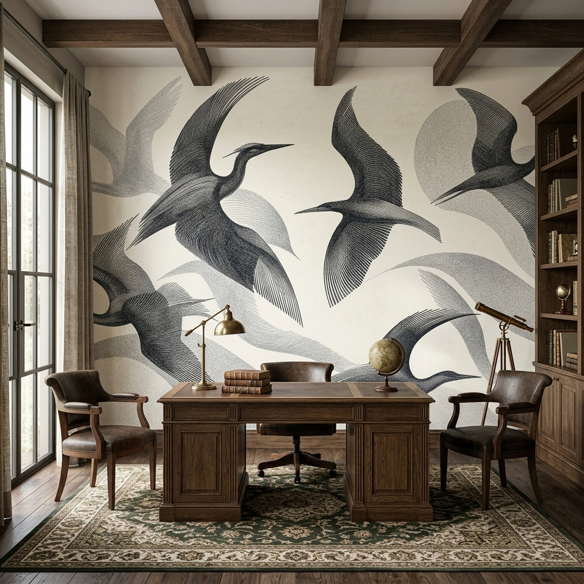 Cranes Wallpaper Birds Line Art Removable Wall Decor
