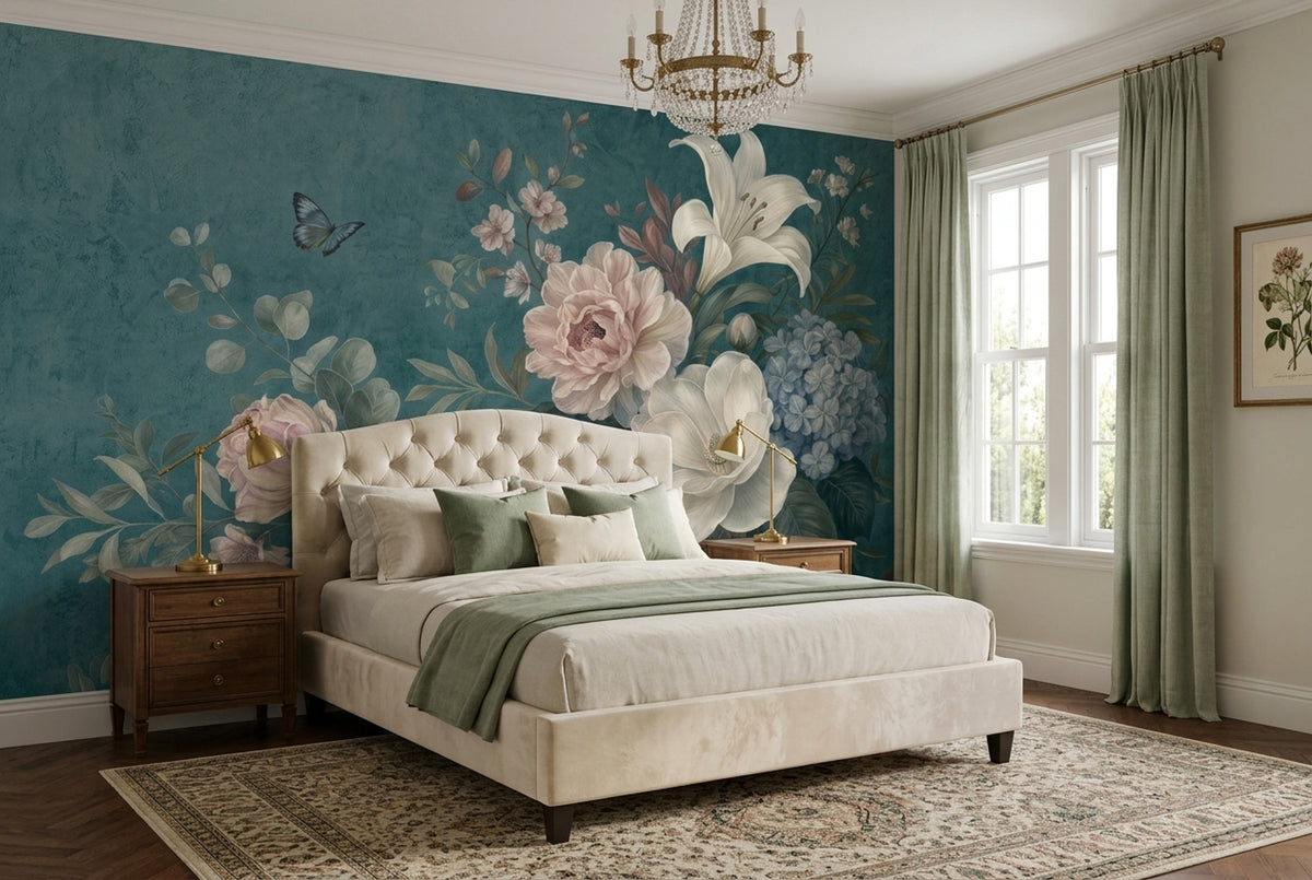 Dark Teal Background Wallpaper Floral Removable Botanical Wall Decor
