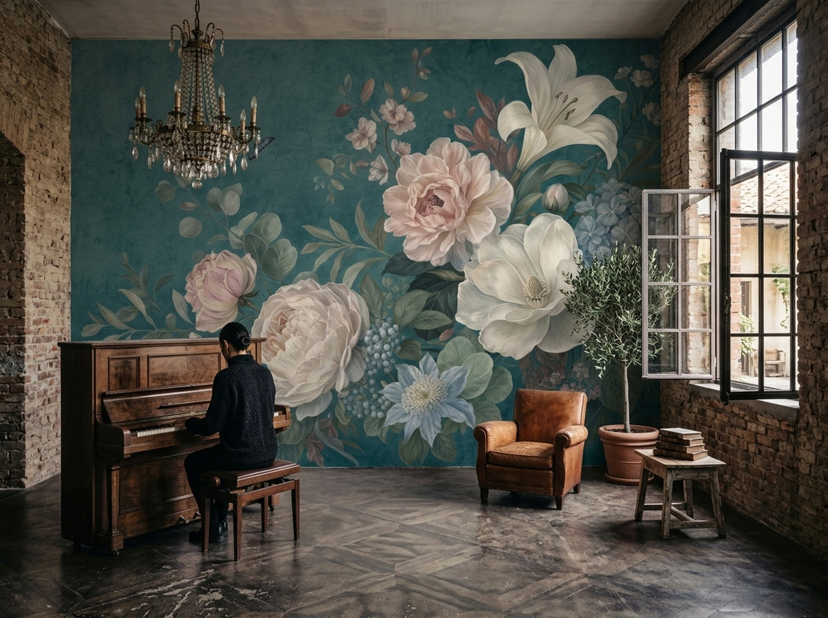 Dark Teal Background Wallpaper Floral Removable Botanical Wall Decor