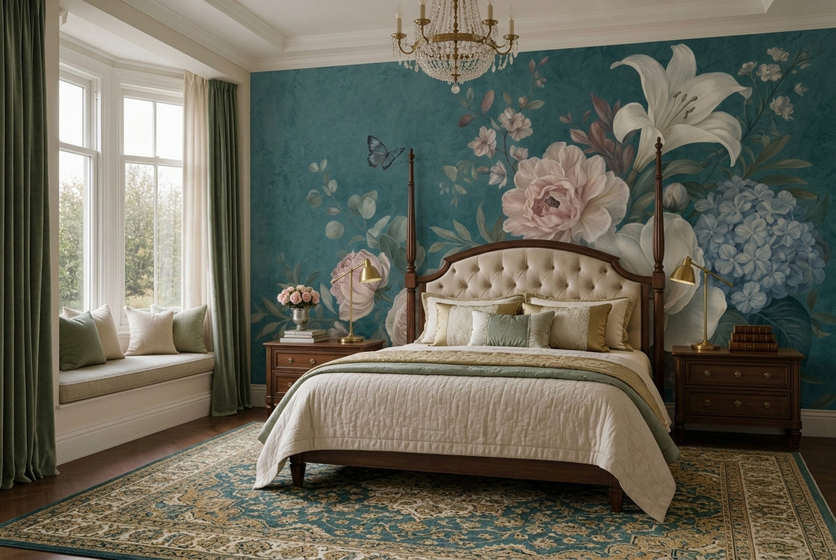 Dark Teal Background Wallpaper Floral Removable Botanical Wall Decor