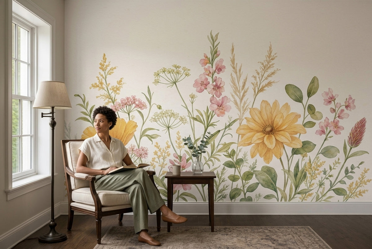 Watercolor Floral Wallpaper Wildflowers Botanical Wall Mural