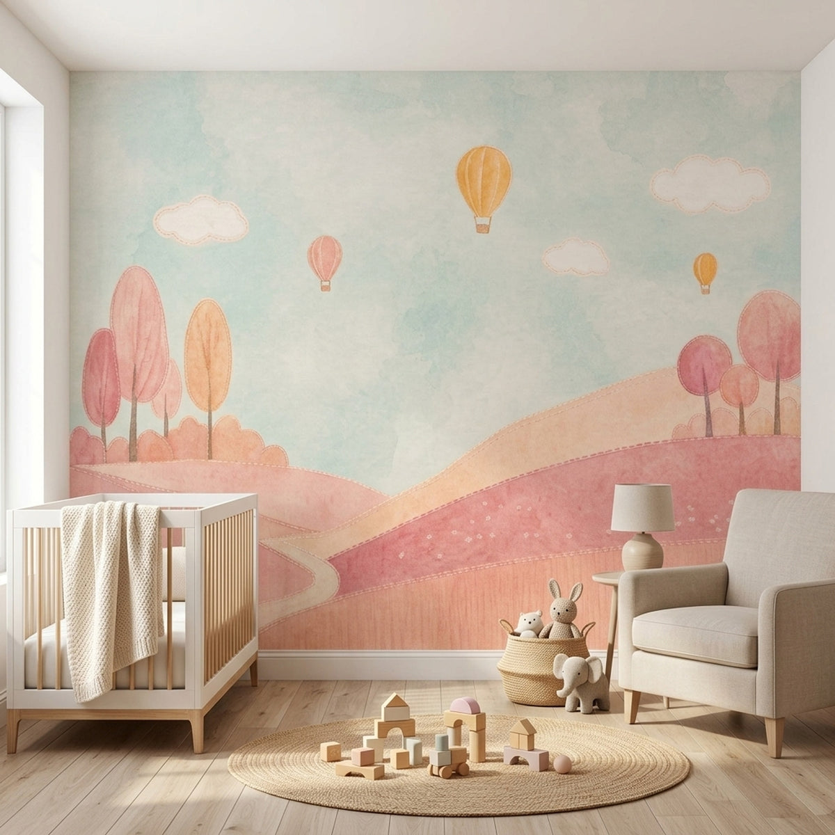 Whimsical Landscape Wallpaper Watercolor Hot Air Balloons Wall Mural