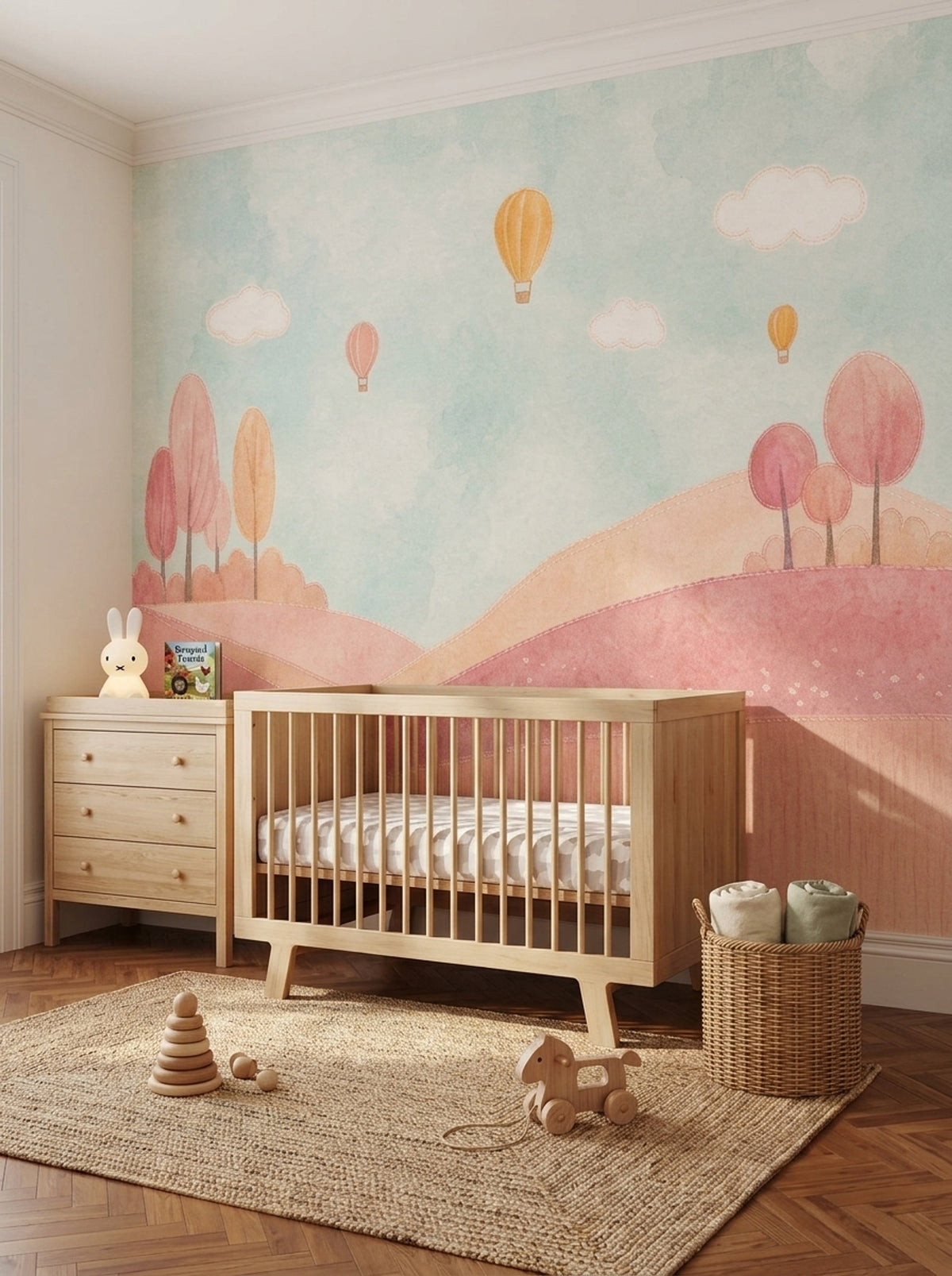 Whimsical Landscape Wallpaper Watercolor Hot Air Balloons Wall Mural