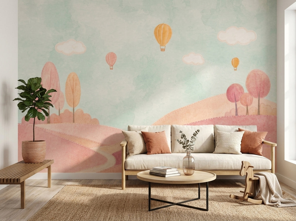 Whimsical Landscape Wallpaper Watercolor Hot Air Balloons Wall Mural