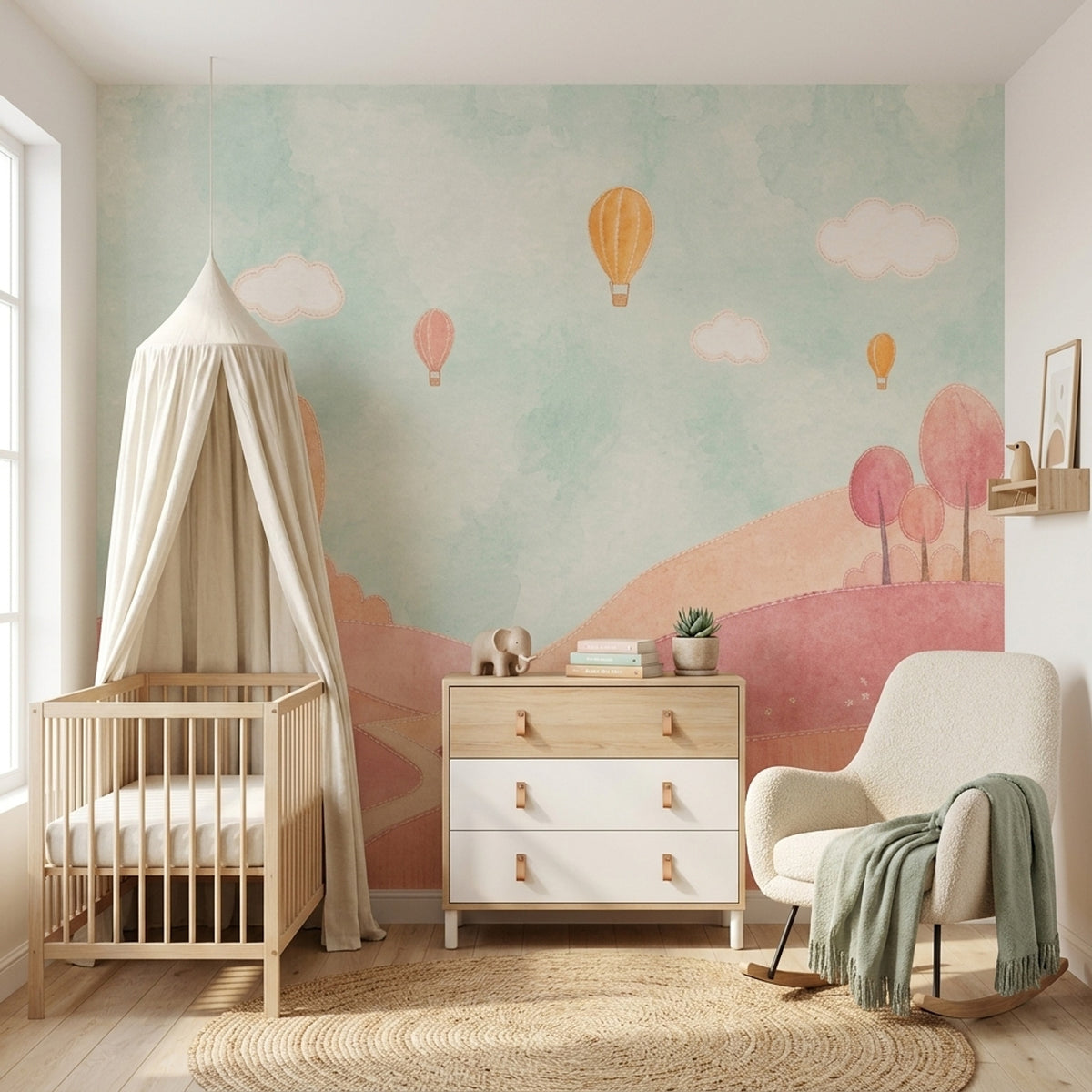Whimsical Landscape Wallpaper Watercolor Hot Air Balloons Wall Mural