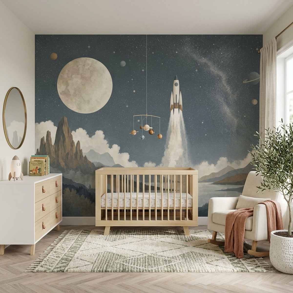 Dark Starry Sky Wallpaper Rocket Moon Removable Wall Decor