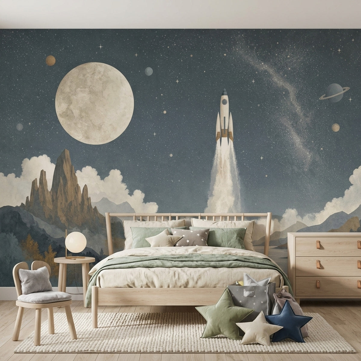Dark Starry Sky Wallpaper Rocket Moon Removable Wall Decor