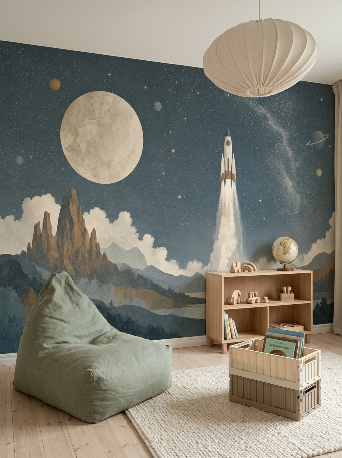 Dark Starry Sky Wallpaper Rocket Moon Removable Wall Decor