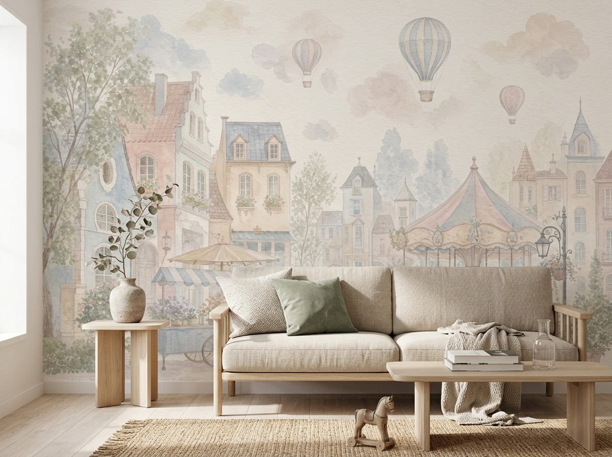 French Village Wallpaper Watercolor Removable Carousel Wall Decor