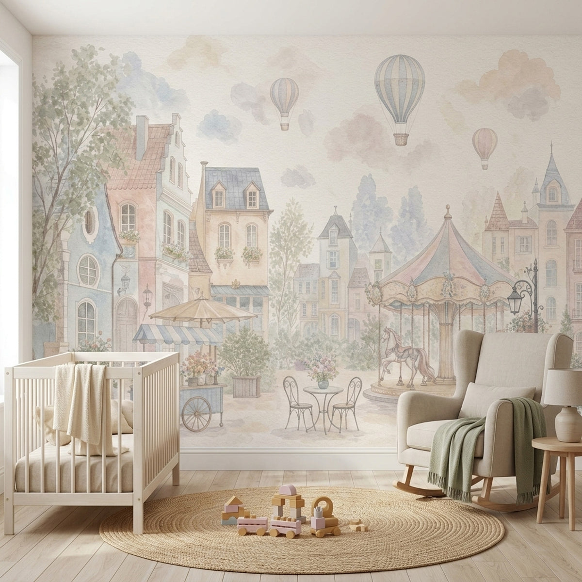 French Village Wallpaper Watercolor Removable Carousel Wall Decor