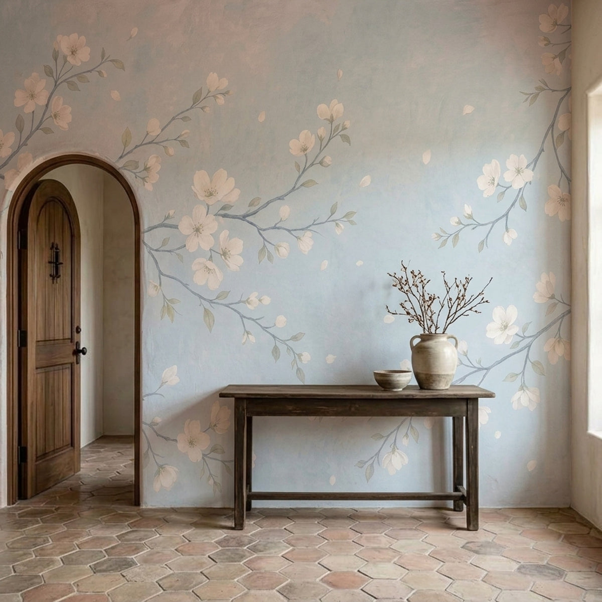 Blossom Branches Wallpaper Watercolor Pale Blue Wall Mural