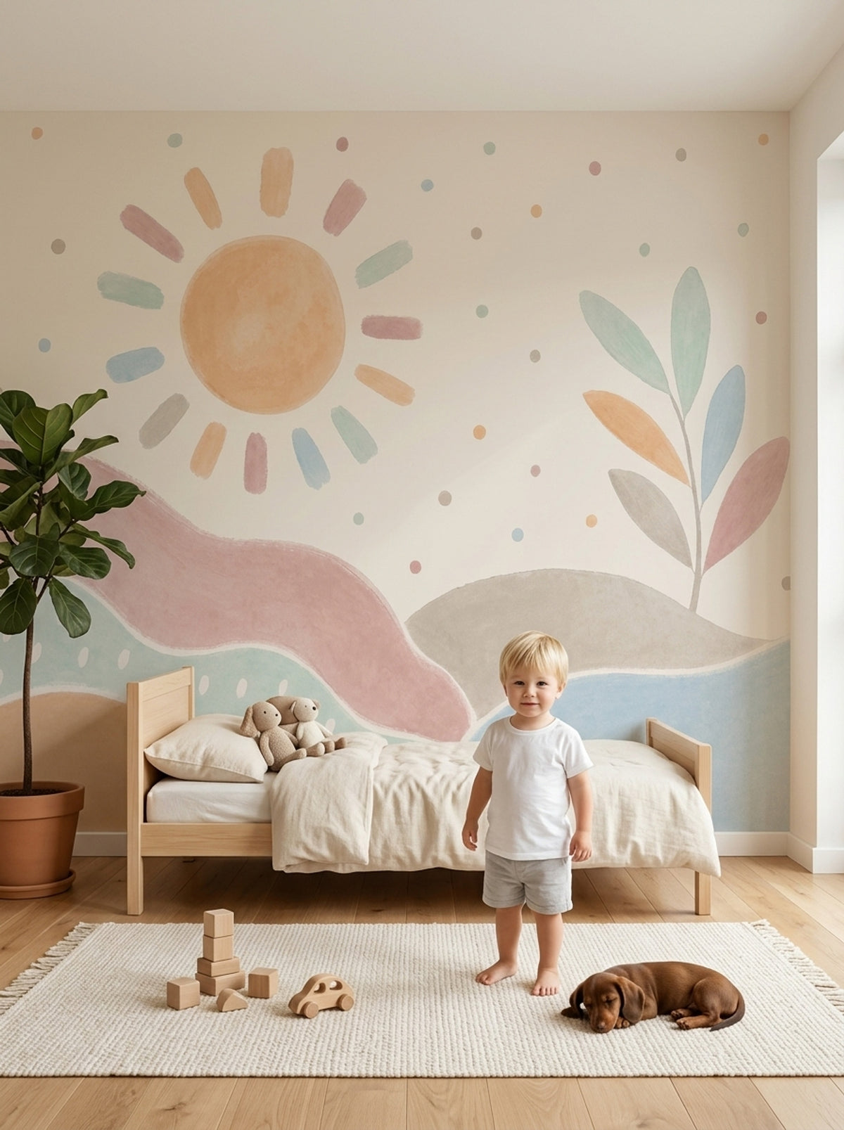 Pastel Landscape Wallpaper Watercolor Sun Wall Mural